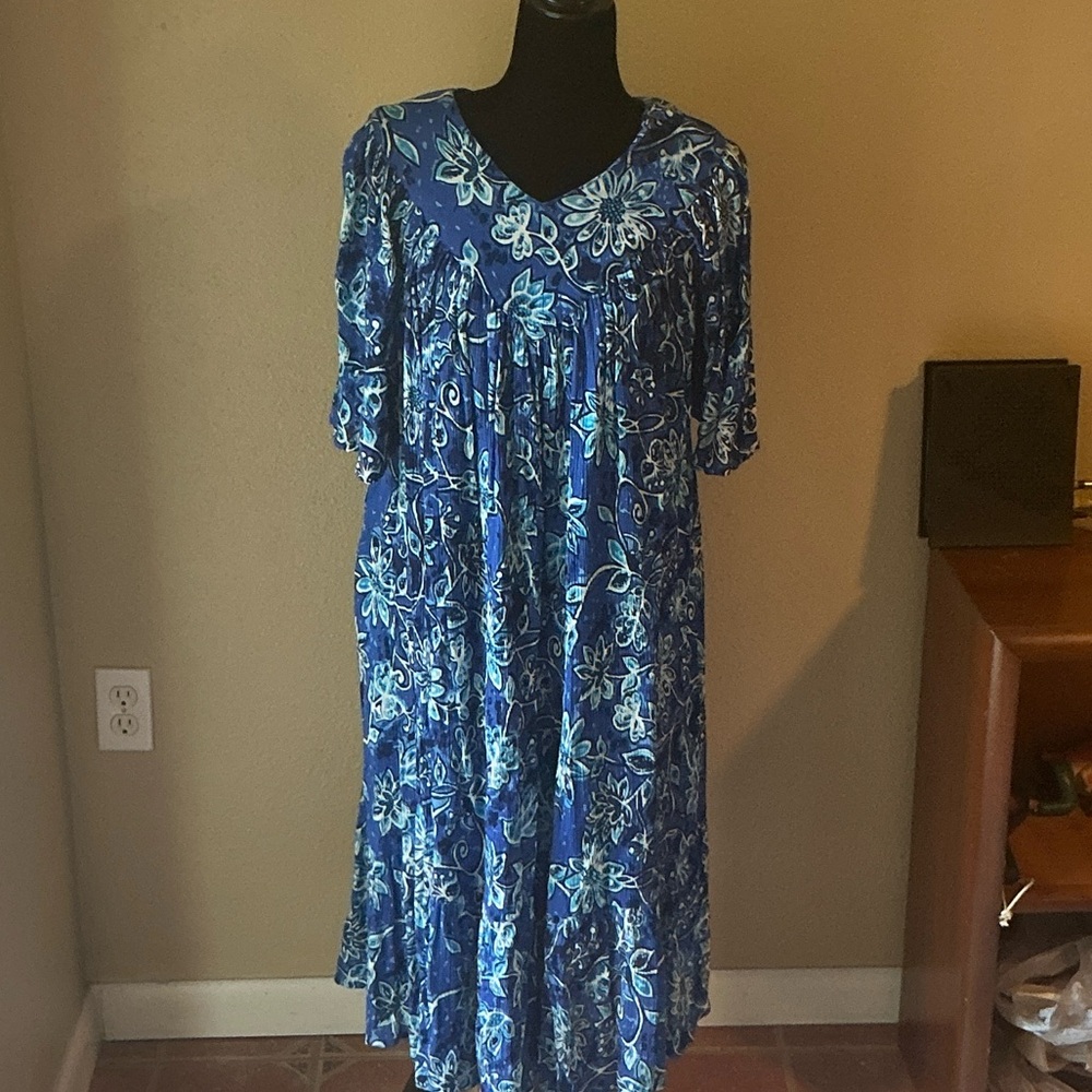 Bechamel Hand Block Floral Blue Print Midi Dress Womens Size S NEW